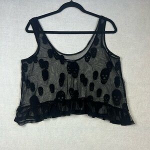 Hot Topic Black Sheer Skull Ruffle Crop Tank Top